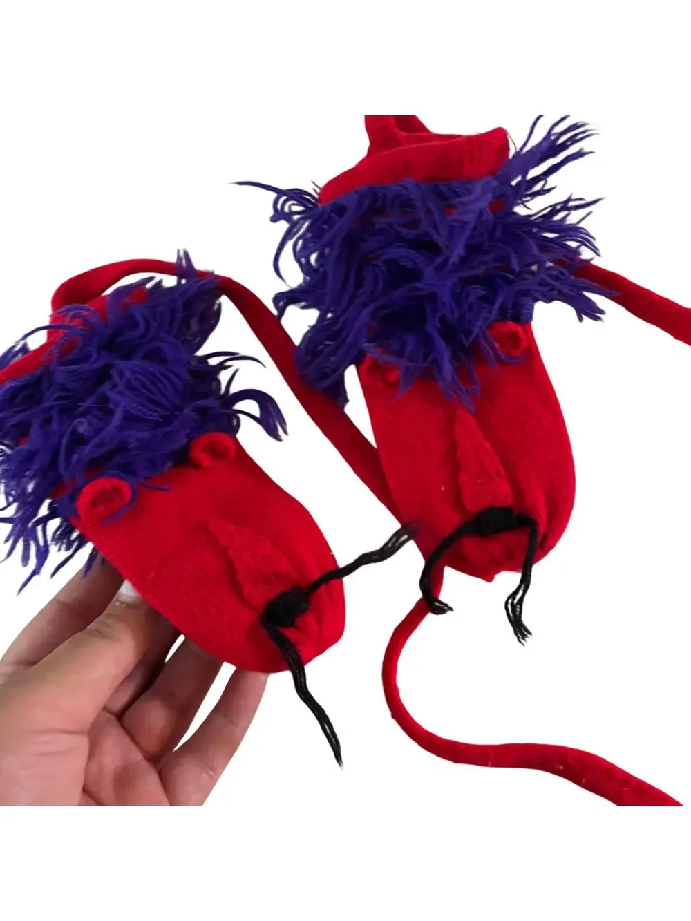Vtg Red Kids Corded Mittens Knit Lion Animal